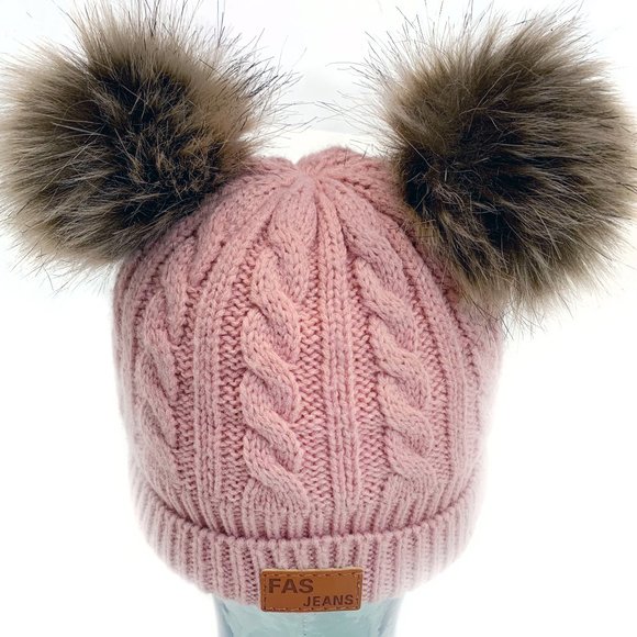 FAS Jeans Girls Winter Fitted Knit Beanie Hat with Faux Fur Pom-Pom Ears - Picture 5 of 11